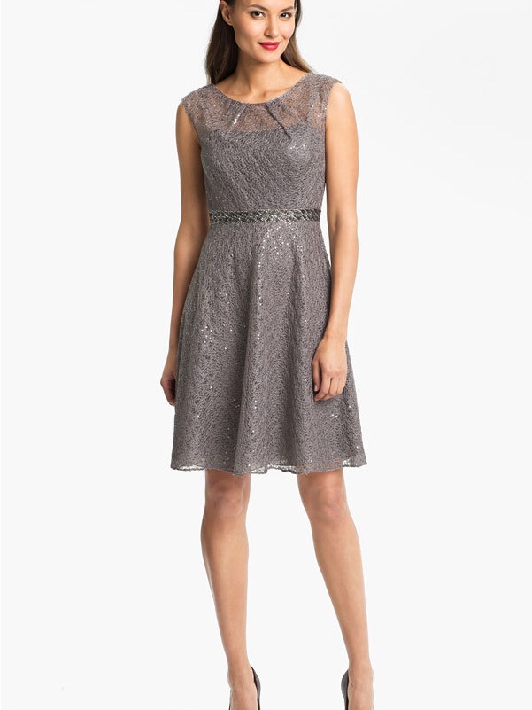 Kay Unger Charcoal Gray Sequin Lace Midi Dress